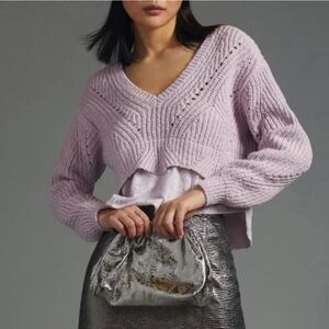 Anthropologie Women Layered Knit Crop Sweater Floral Trim Shirt Lavender XXS